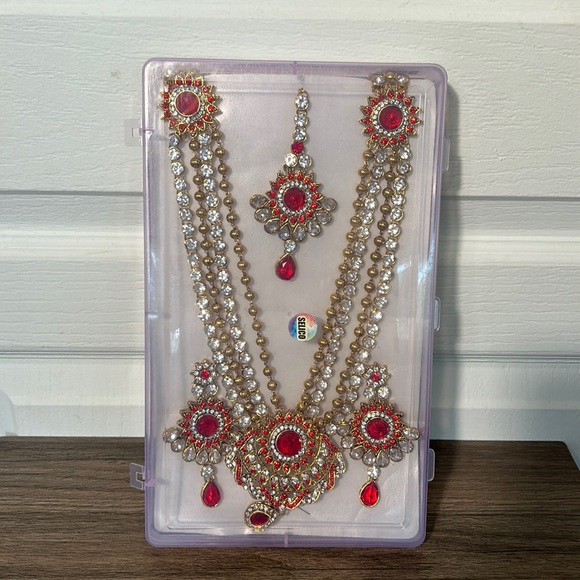 NWT INDIAN BRIDAL WEDDING KUNDAN SET NECKLACE AND EARING CRYSTAL BEADS - Picture 2 of 7